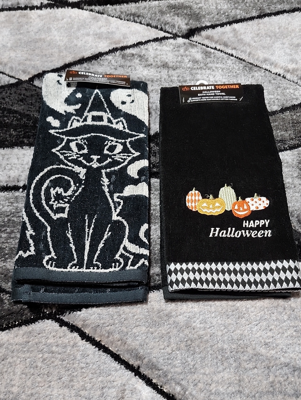 CELEBRATE TOGETHER BLACK HALLOWEEN EMBROIDERED PUMPKINS & CAT HAND TOWELS BUNDLE